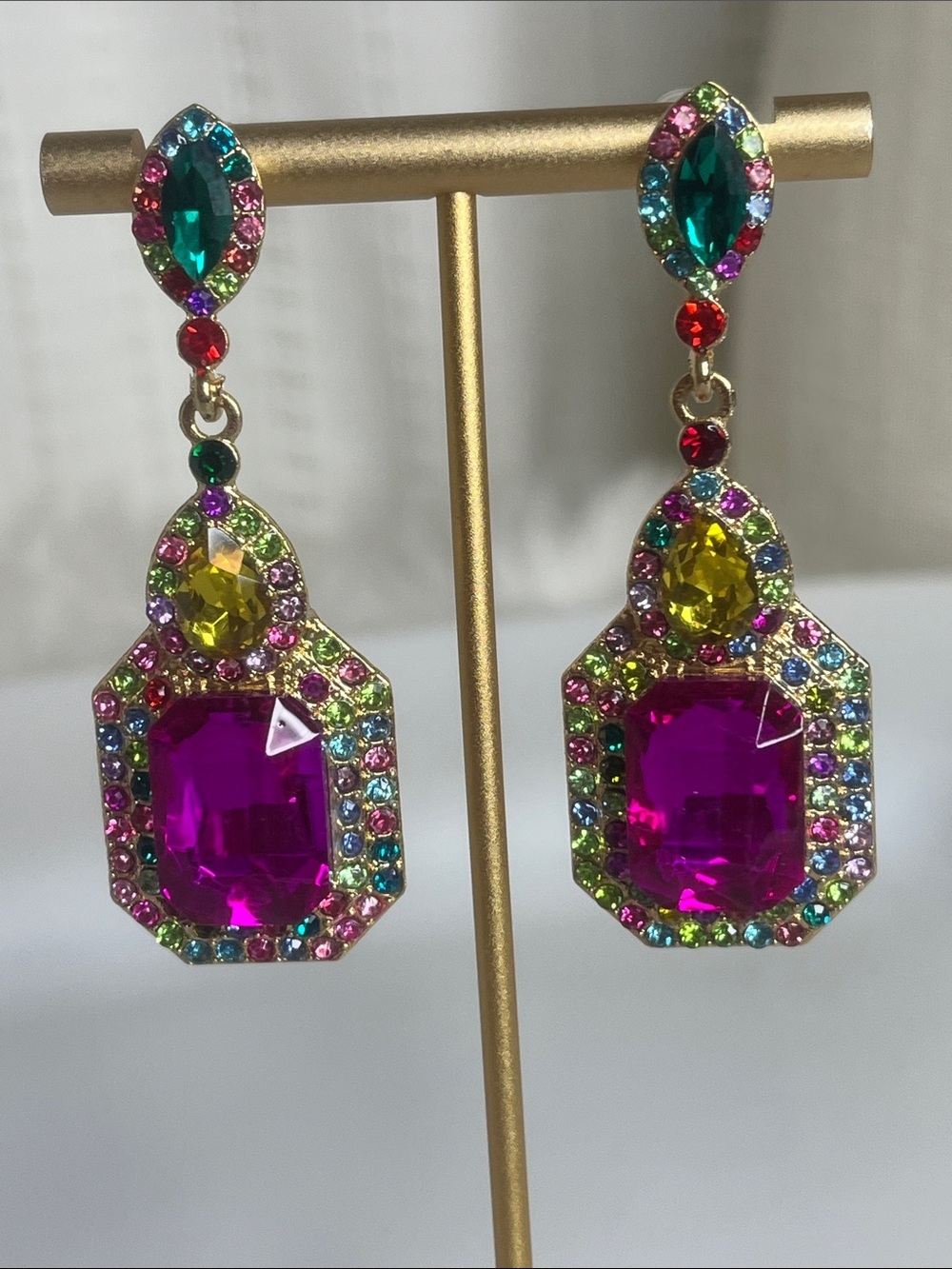 Multicolor Crystal Drop Earrings with Fuchsia Center